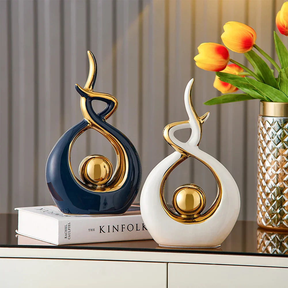Decoratieve Sculptuur Keramiek Goud Groen Abstract 31cm Woonkamer Tafel Beeld Modern Kunstobject Interieur Decoratie | Sansoti