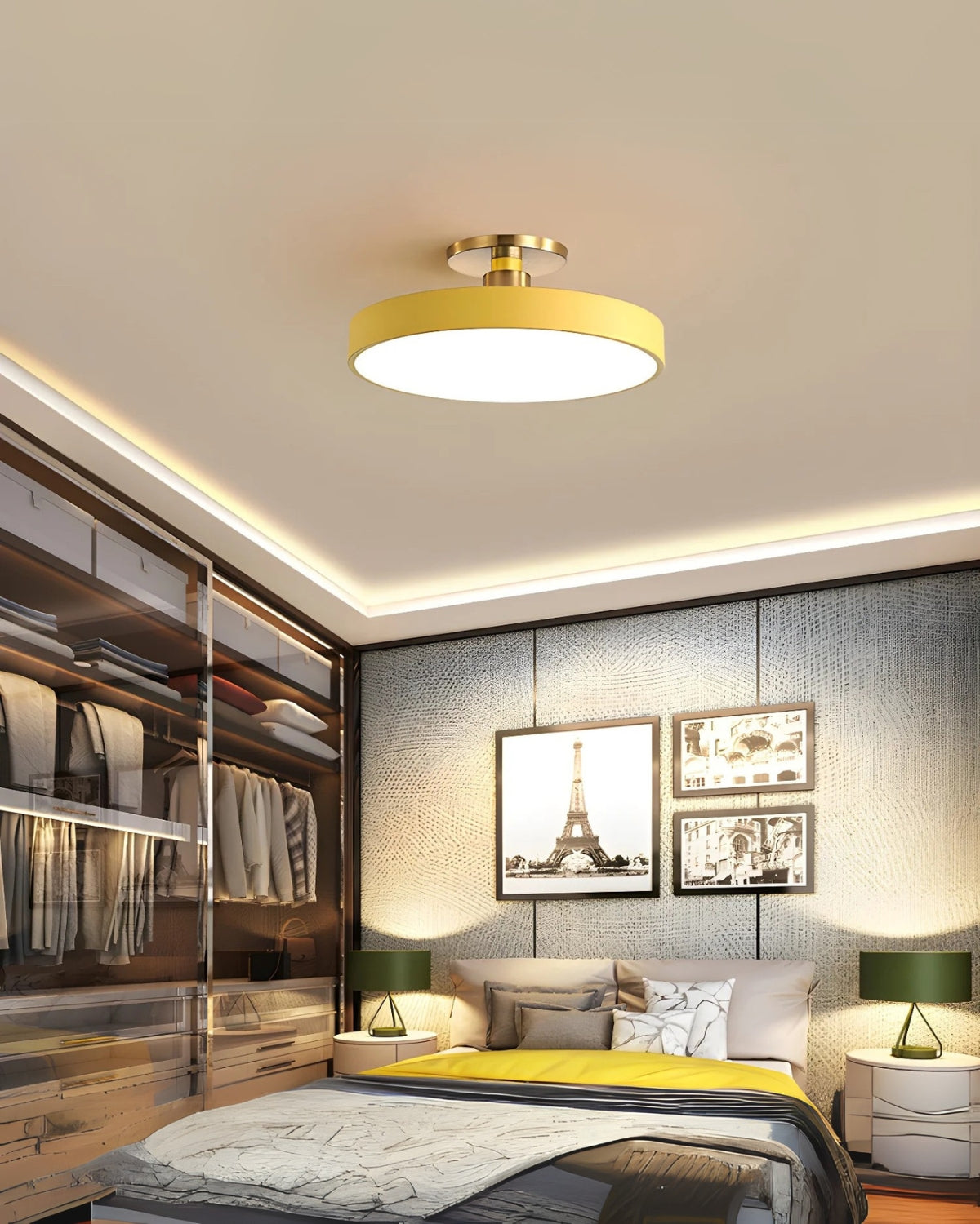 Moderne runde Deckenleuchte mit Gold-Detail und Acryl-Diffusor – minimalistische Semi Flush Design-Beleuchtung für Wohnzimmer und Schlafzimmer | Restfield