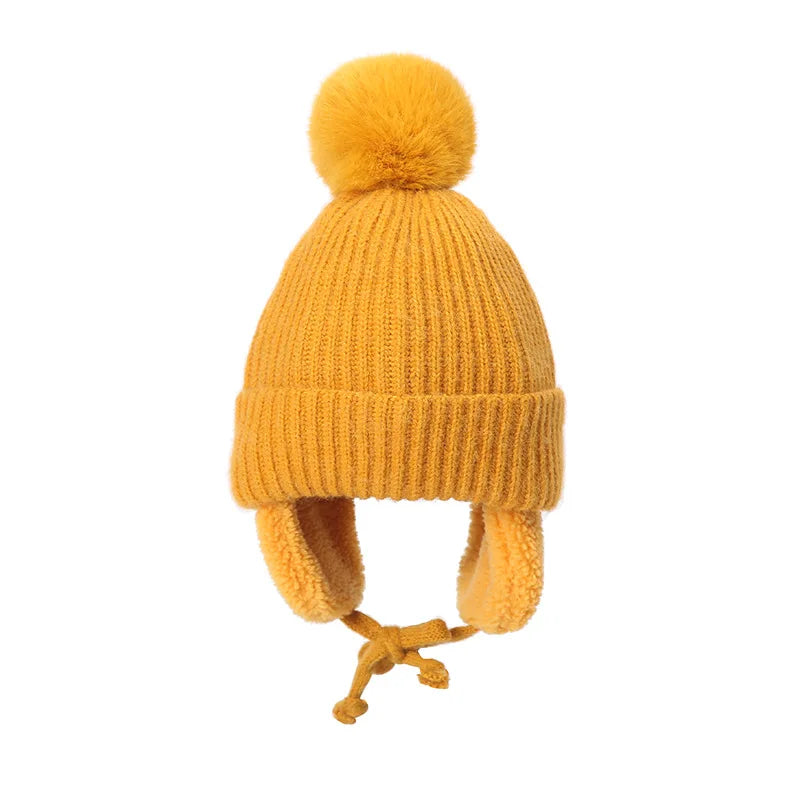 Bonnet tricoté pour enfants avec protège-oreilles et pompon, doublure douce en polaire, bonnet d'hiver chaud pour garçons et filles | Sansoti