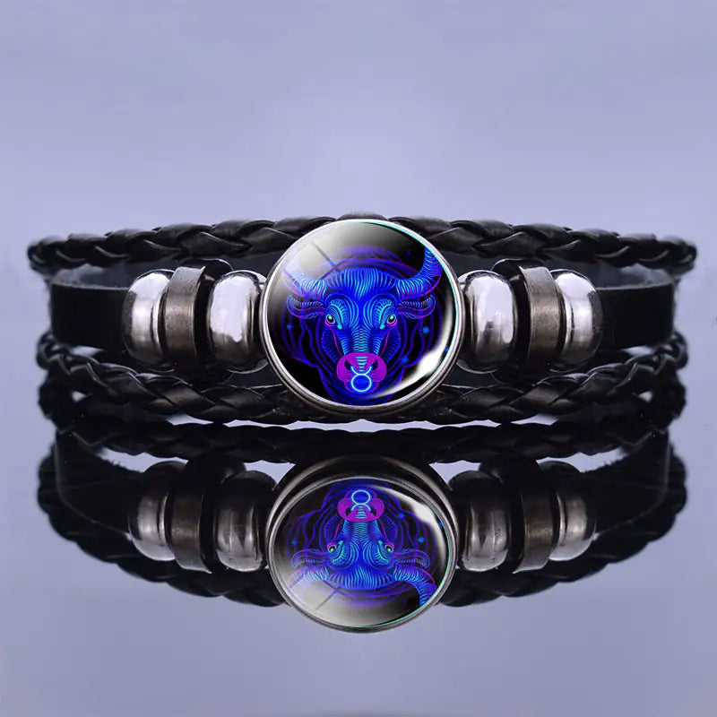 Edelstenen Armband met Sterrenbeeld Symbool Lapis Lazuli Sodaliet Leer Staal Beschermend Spiritueel Sieraad | Sansoti