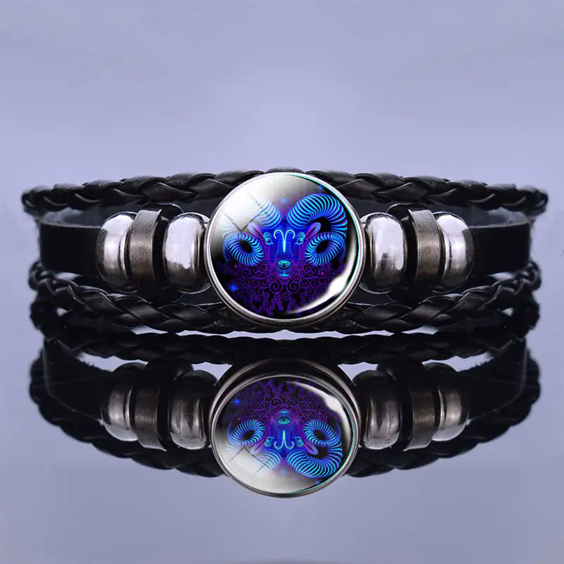 Edelstenen Armband met Sterrenbeeld Symbool Lapis Lazuli Sodaliet Leer Staal Beschermend Spiritueel Sieraad | Sansoti