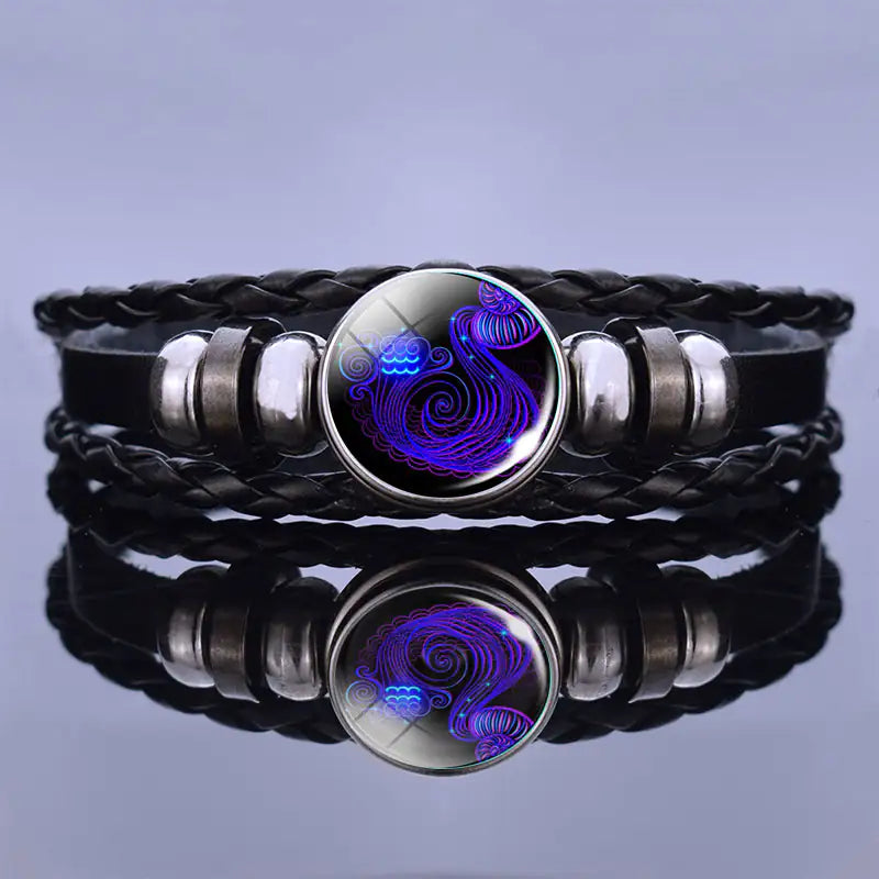 Edelstenen Armband met Sterrenbeeld Symbool Lapis Lazuli Sodaliet Leer Staal Beschermend Spiritueel Sieraad | Sansoti
