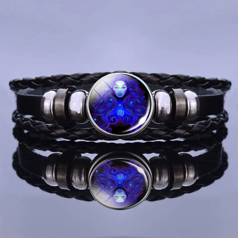 Edelstenen Armband met Sterrenbeeld Symbool Lapis Lazuli Sodaliet Leer Staal Beschermend Spiritueel Sieraad | Sansoti