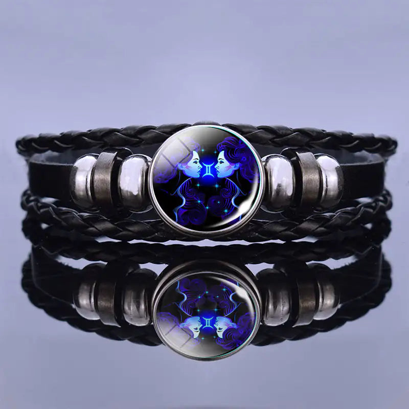 Edelstenen Armband met Sterrenbeeld Symbool Lapis Lazuli Sodaliet Leer Staal Beschermend Spiritueel Sieraad | Sansoti