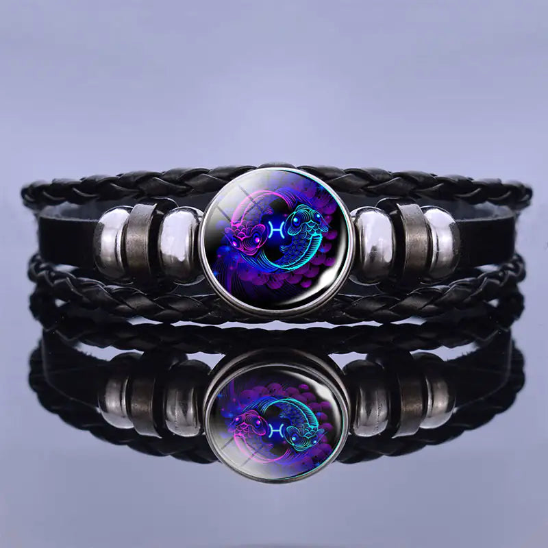 Edelstenen Armband met Sterrenbeeld Symbool Lapis Lazuli Sodaliet Leer Staal Beschermend Spiritueel Sieraad | Sansoti
