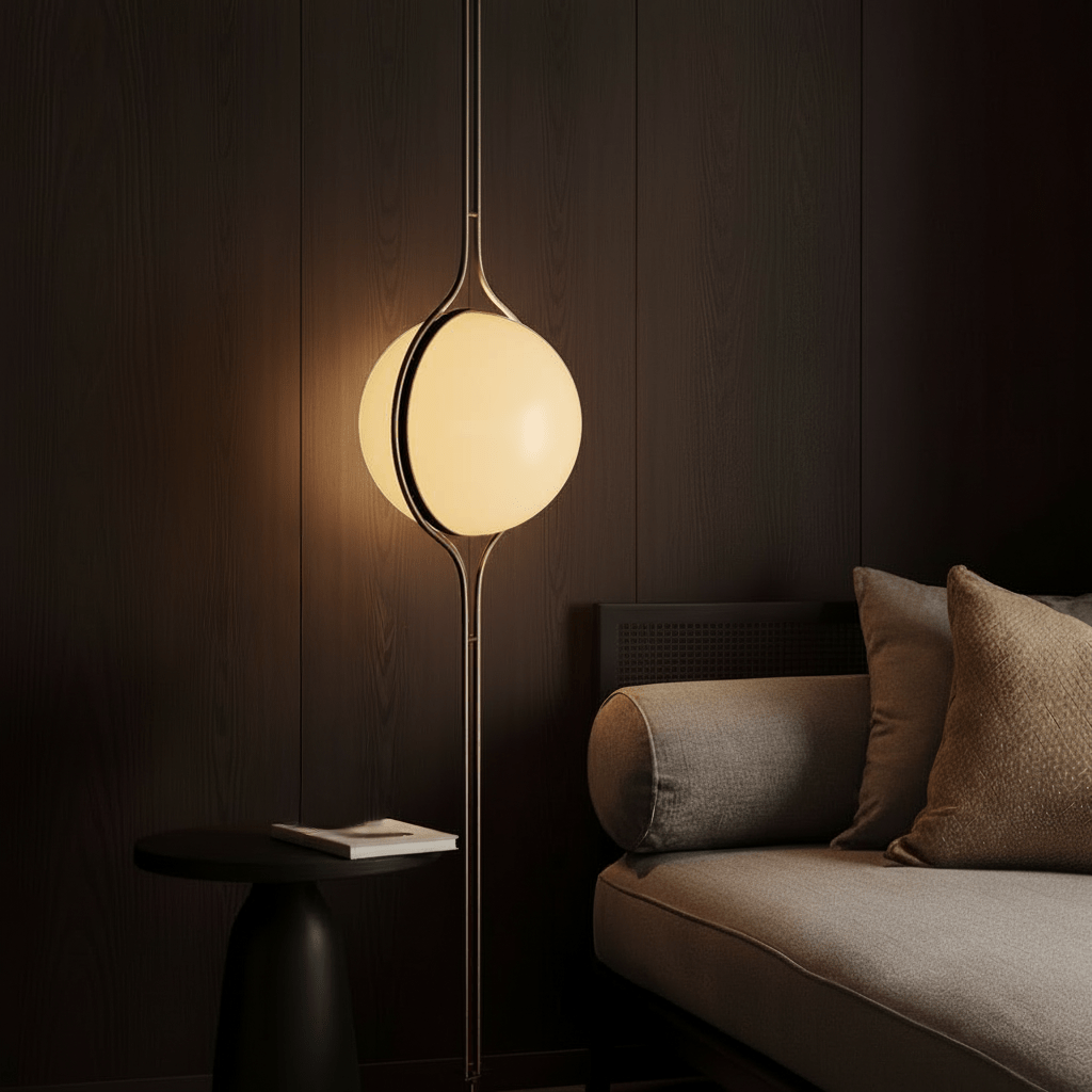 Sculpturale Staande Lamp Met Verticale Lichtkolom En Acryl Bollen | Sansoti